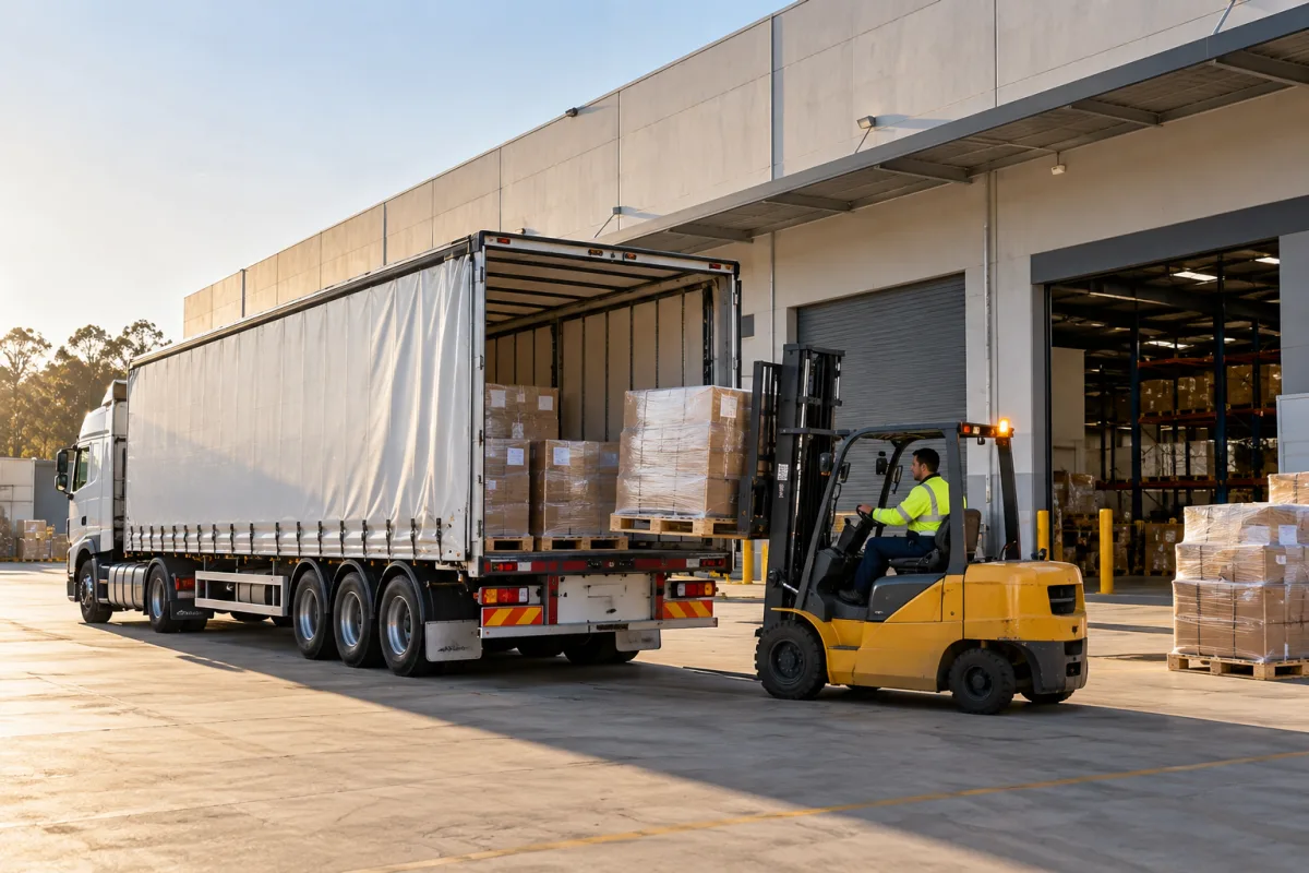 Forklift loading a trailer at a Western Sydney depot for the Port Macquarie run