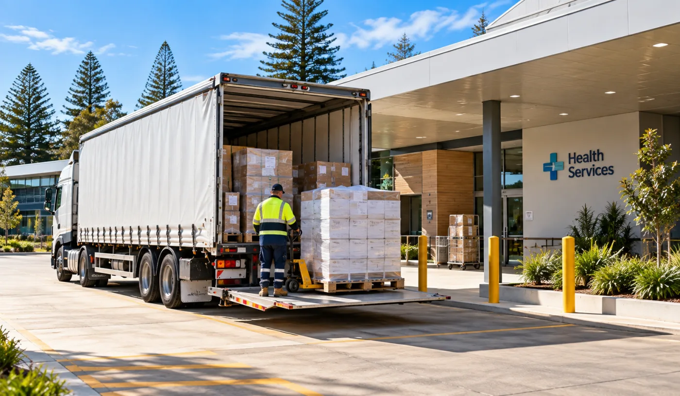 Palletised supplies on a tail-lift at a mid-north coast health facility entrance