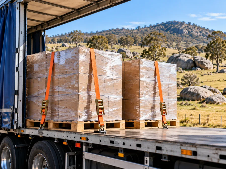 Wrapped pallets on a trailer with New England grazing country behind