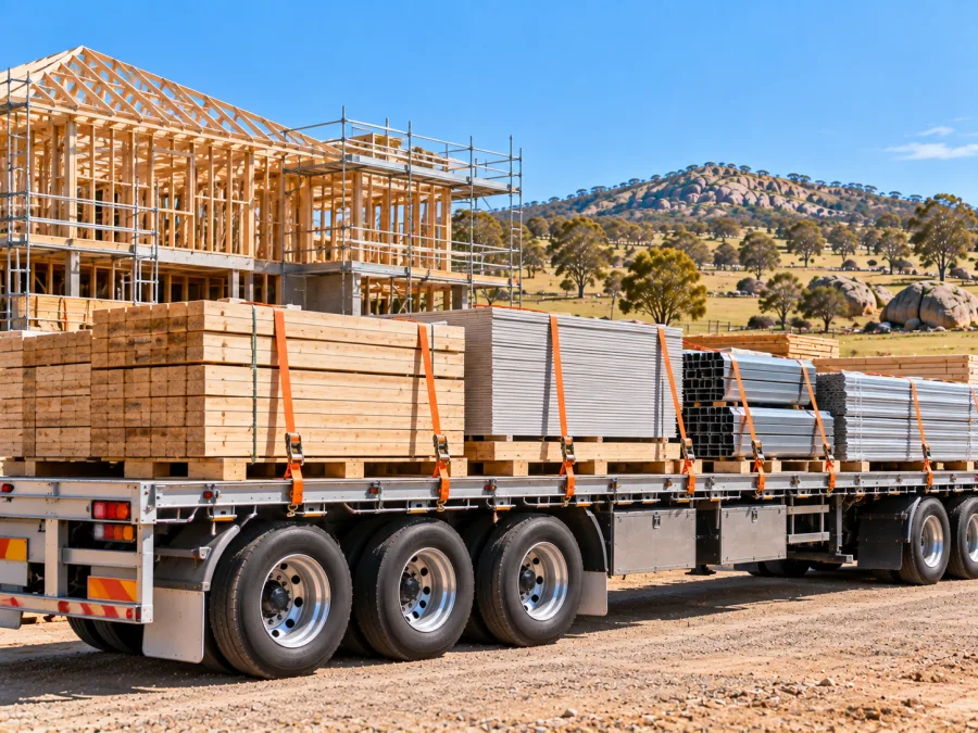 Timber and cladding on a trailer at a Tamworth building site
