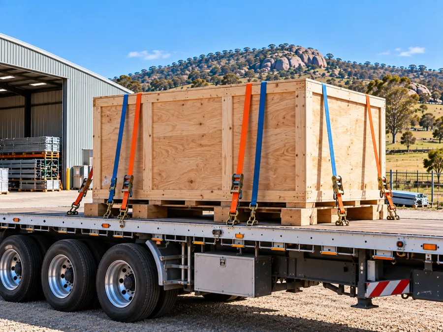 Timber-crated machine strapped on a trailer at a Taminda industrial site