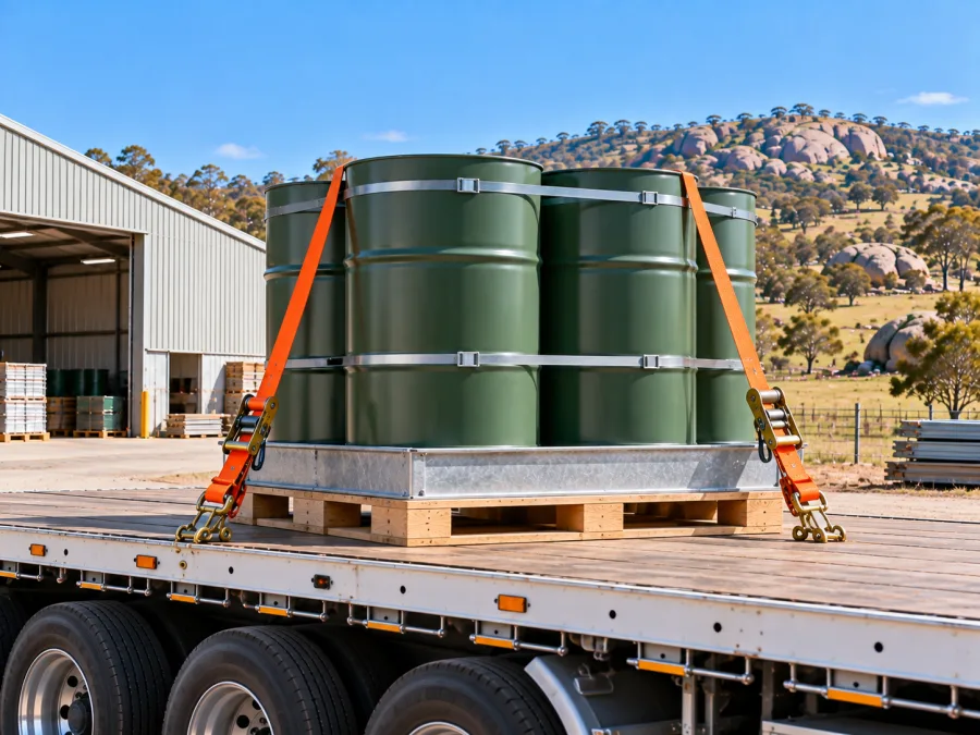 Sealed drums banded on a pallet and strapped to a trailer deck