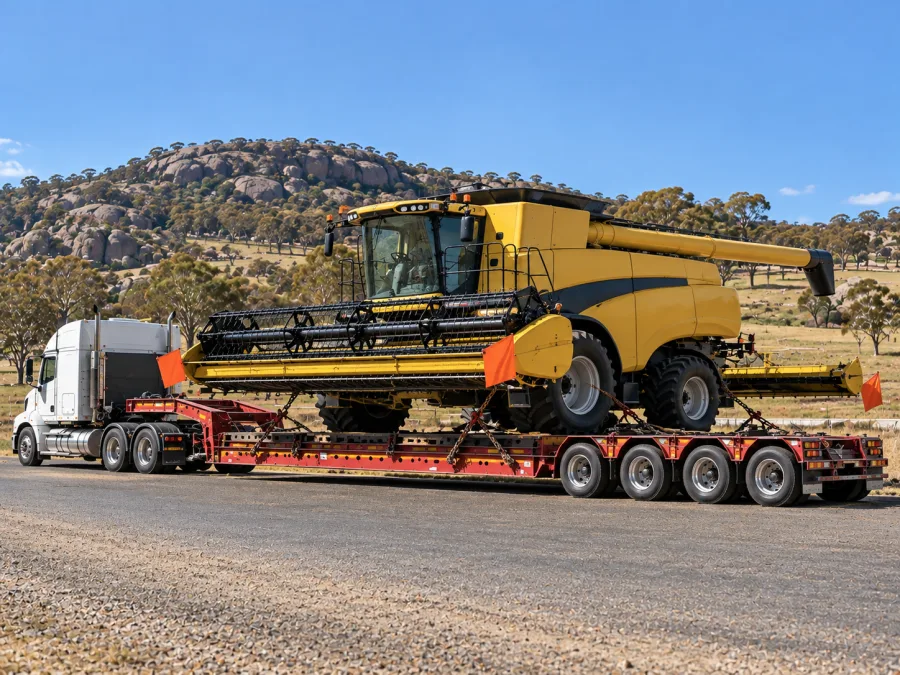 Oversize agricultural machine on a low-loader in the New England