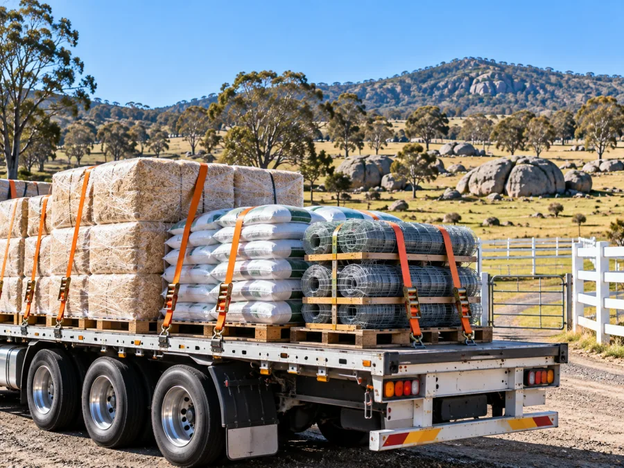 Bedding bales, feed and fencing loaded on a trailer at a New England stud gate