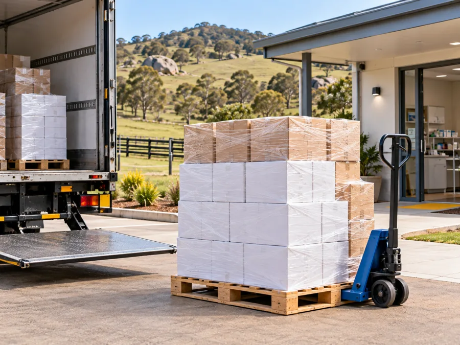 Palletised veterinary supplies on a trolley at a rural clinic entrance