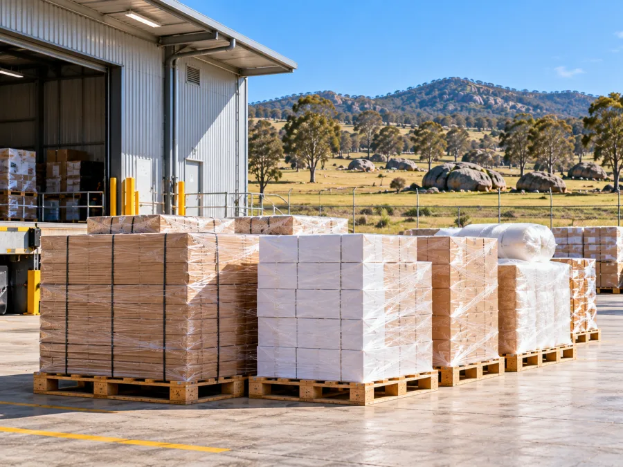 Packaging materials staged at a New England processing facility dock