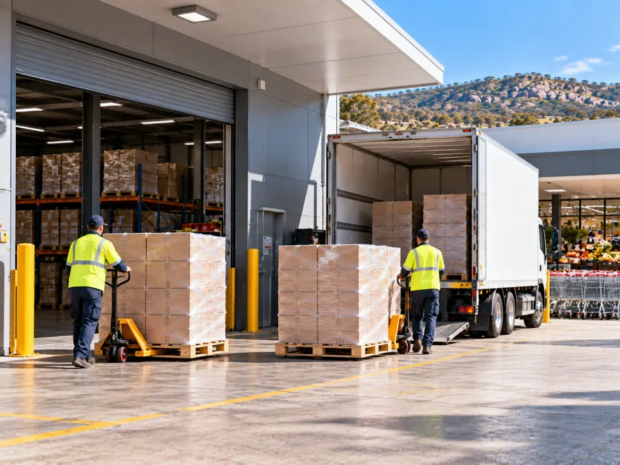 Workers moving grocery pallets at a Tamworth supermarket dock