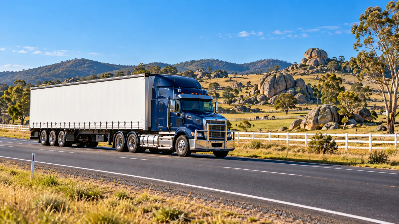 Semi-trailer on the New England Highway past granite country and stud fencing