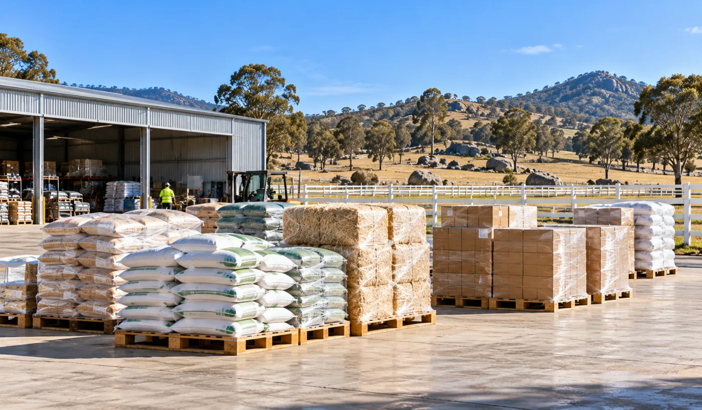 Feed sacks and bedding bales staged at a New England rural supply depot