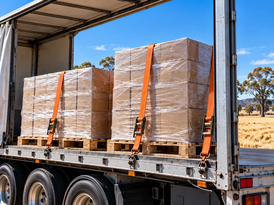 Wrapped pallets on a trailer with Riverina cropping country behind