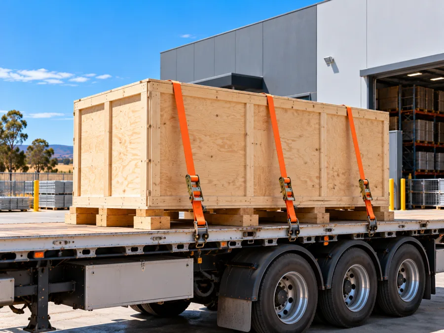 Timber-crated machine strapped on a trailer at a Bomen industrial site