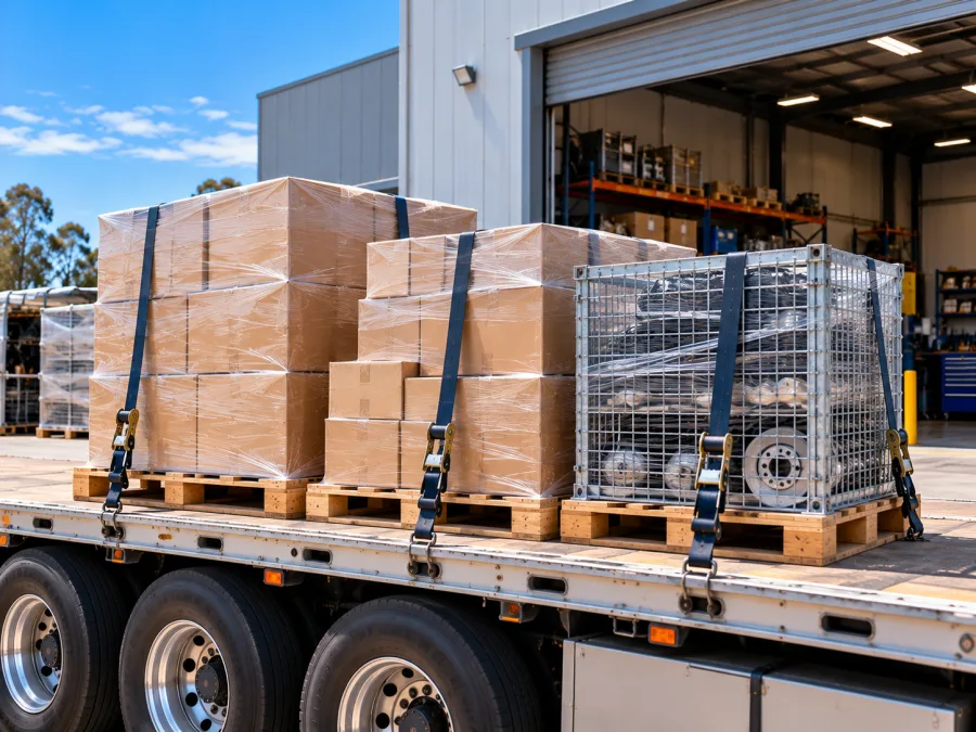 Palletised automotive parts and a steel cage strapped on a truck deck