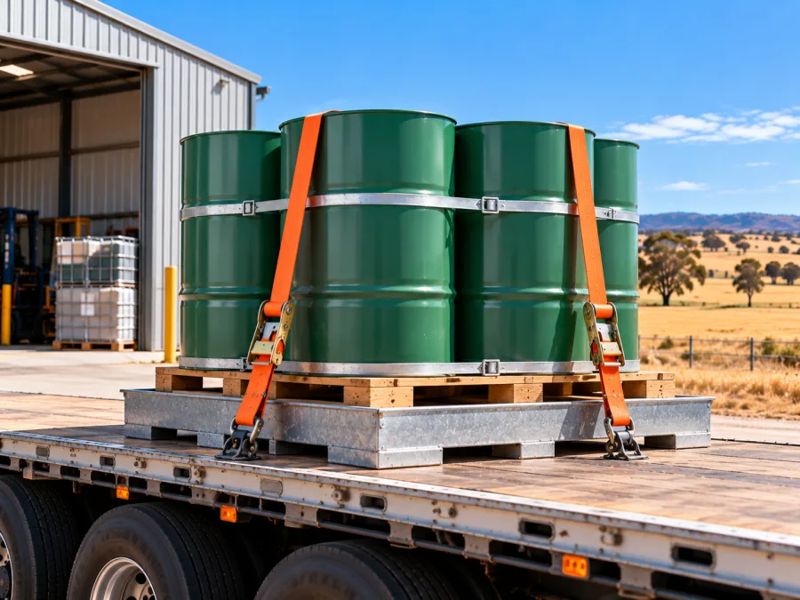 Sealed drums banded on a pallet and strapped to a trailer deck