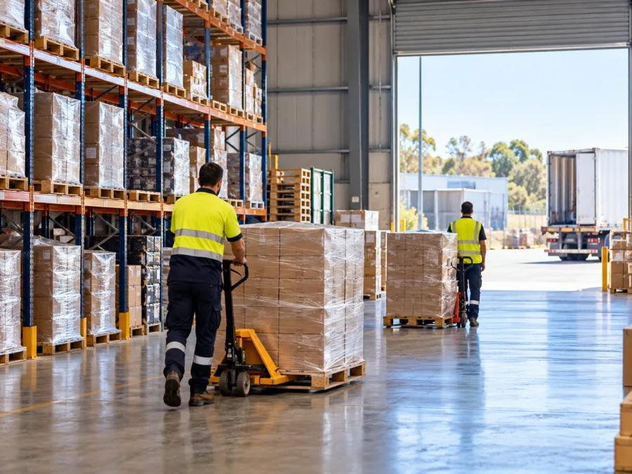 Workers moving pallets inside a Wagga Wagga distribution centre