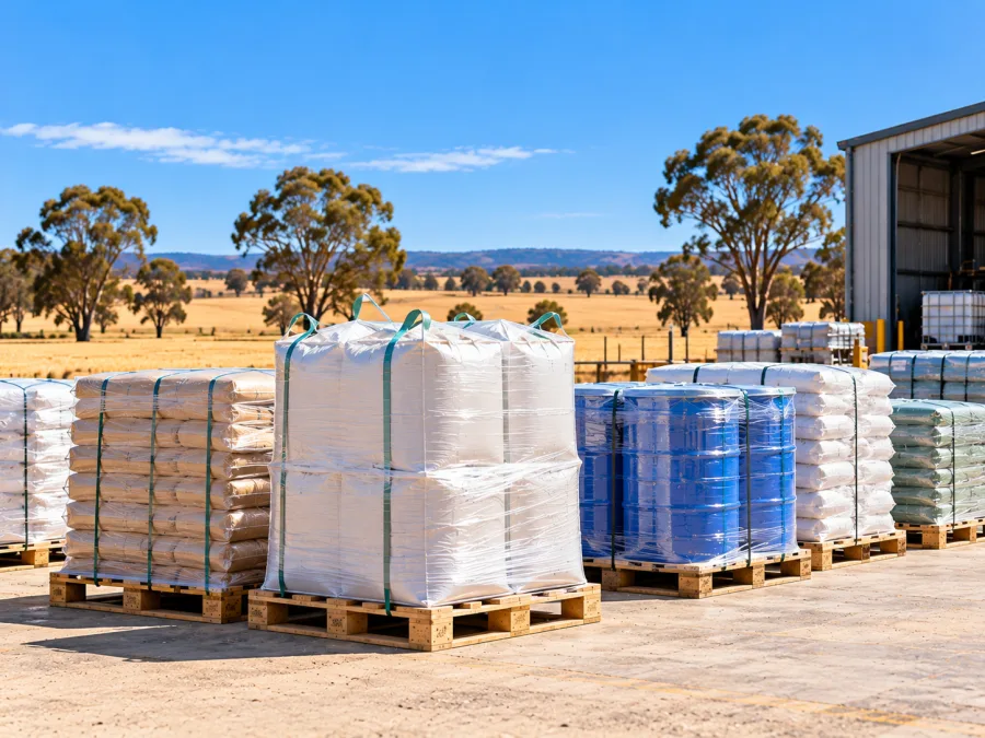 Palletised agricultural inputs staged for the Riverina cropping country