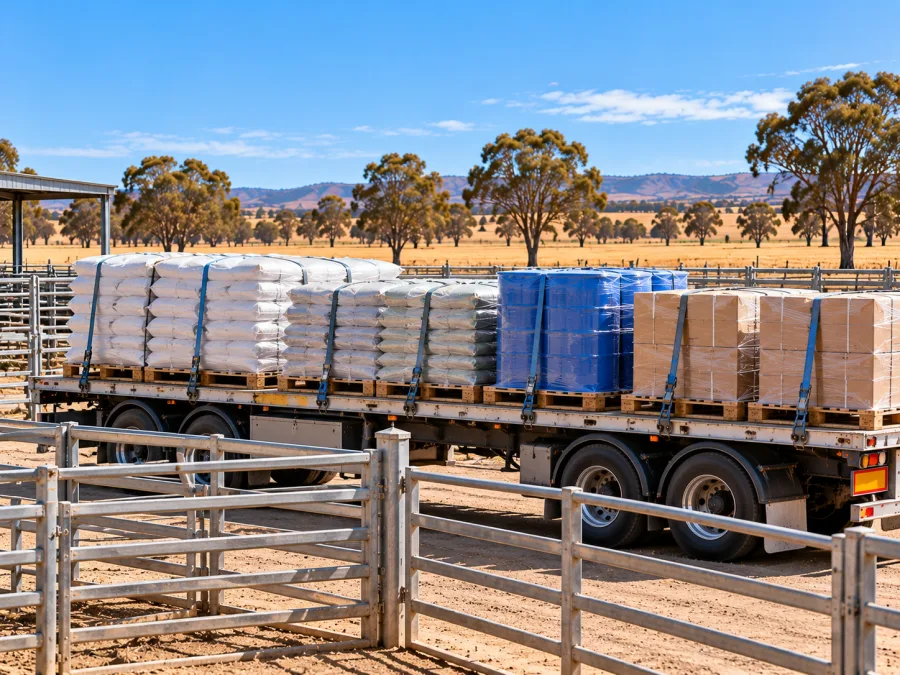 Feed and animal health supplies strapped on a trailer beside livestock yards