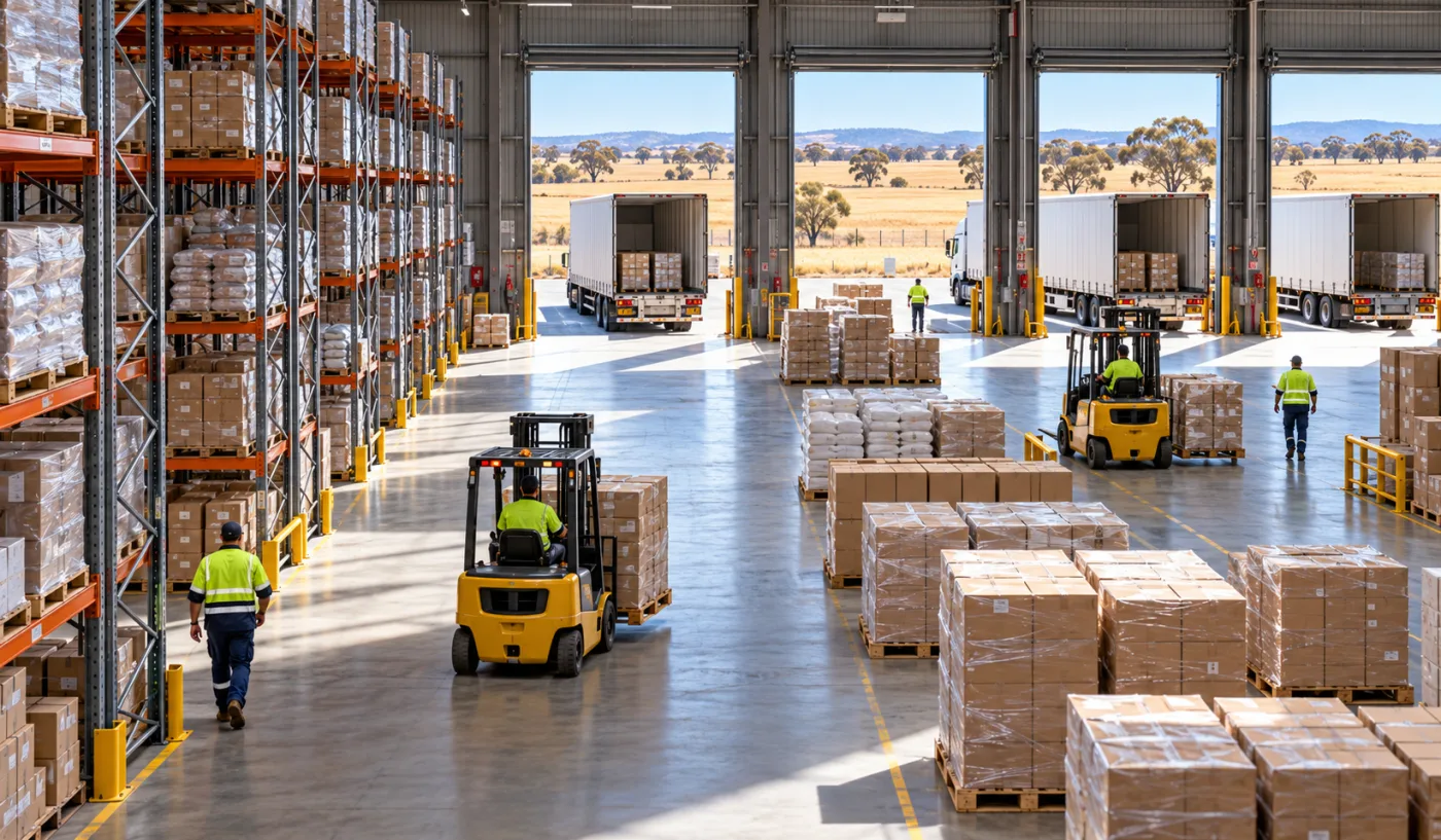 Racking and staged pallets inside a regional distribution warehouse at Wagga
