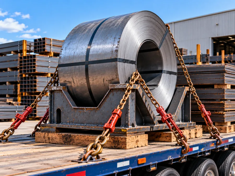 Steel coil cradled and chained on a flat-top trailer at an Illawarra site