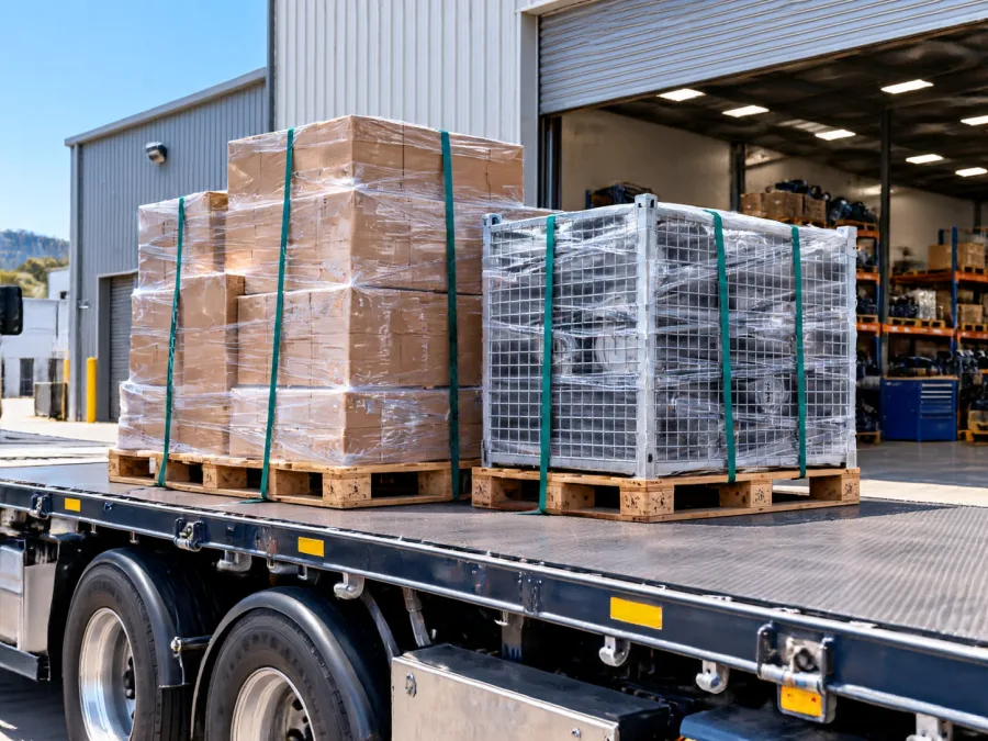 Palletised automotive parts and a steel cage strapped on a truck deck