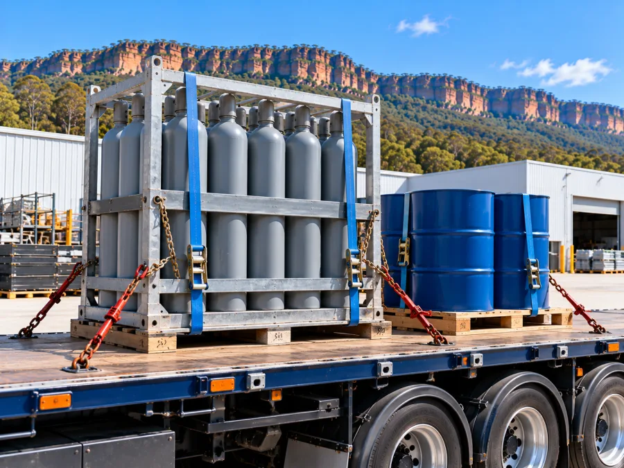 Gas cylinder pack and sealed drums chained on a trailer deck at Port Kembla