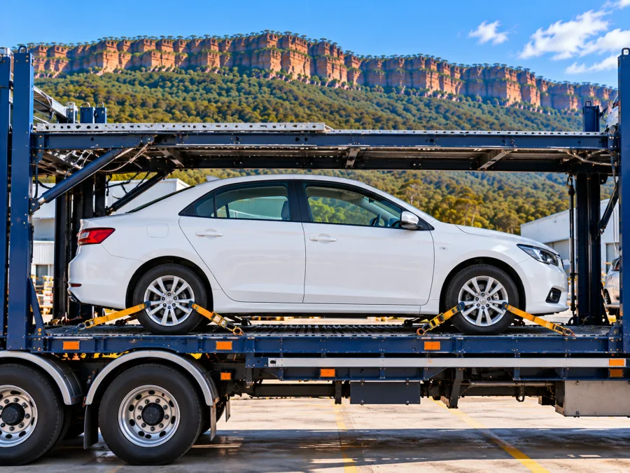 Car strapped on a carrier deck at a Wollongong yard below the escarpment