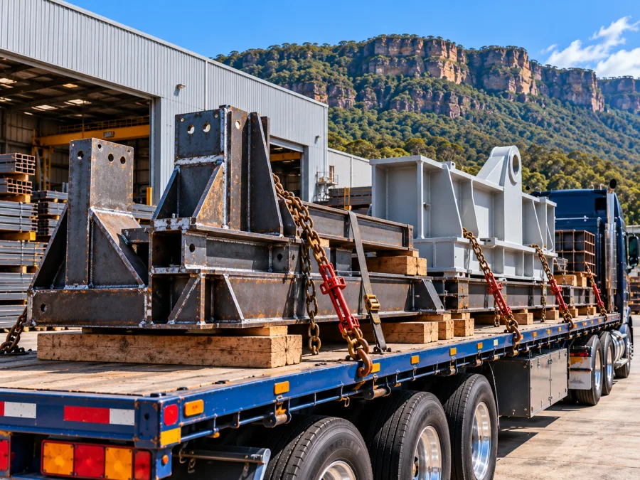 Fabricated steel assemblies chained on a trailer at a Wollongong workshop