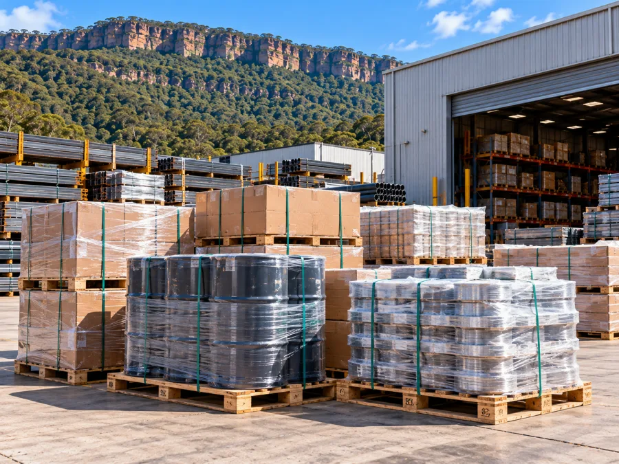 Palletised engineering consumables staged at an Illawarra supply warehouse