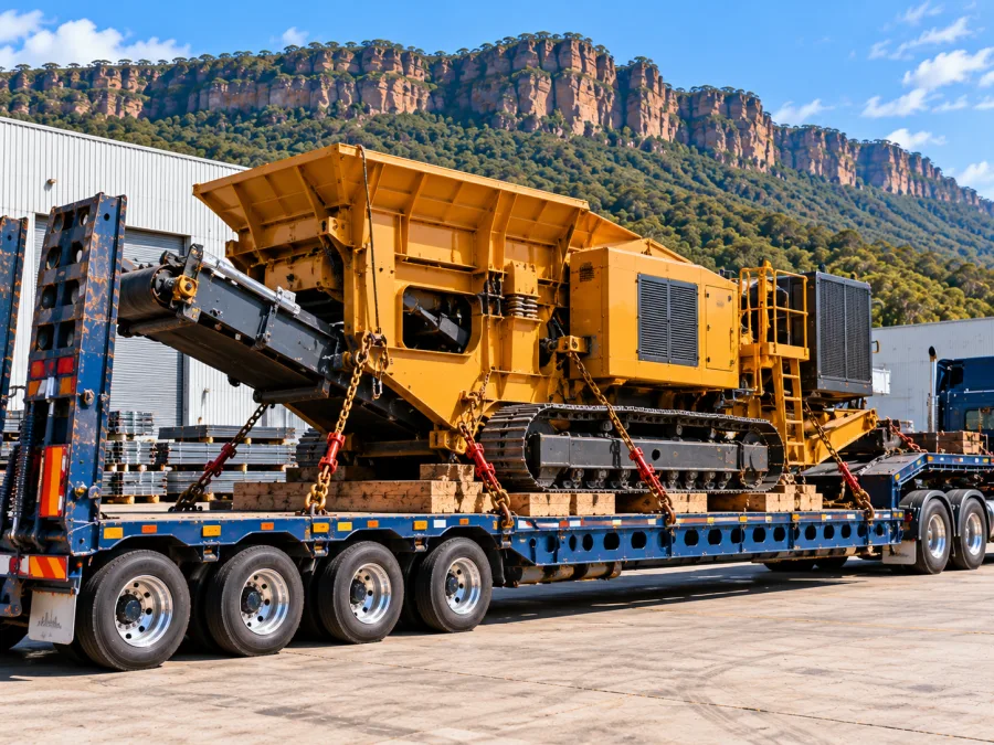 Industrial machine chained on a low-loader at a Port Kembla industrial site