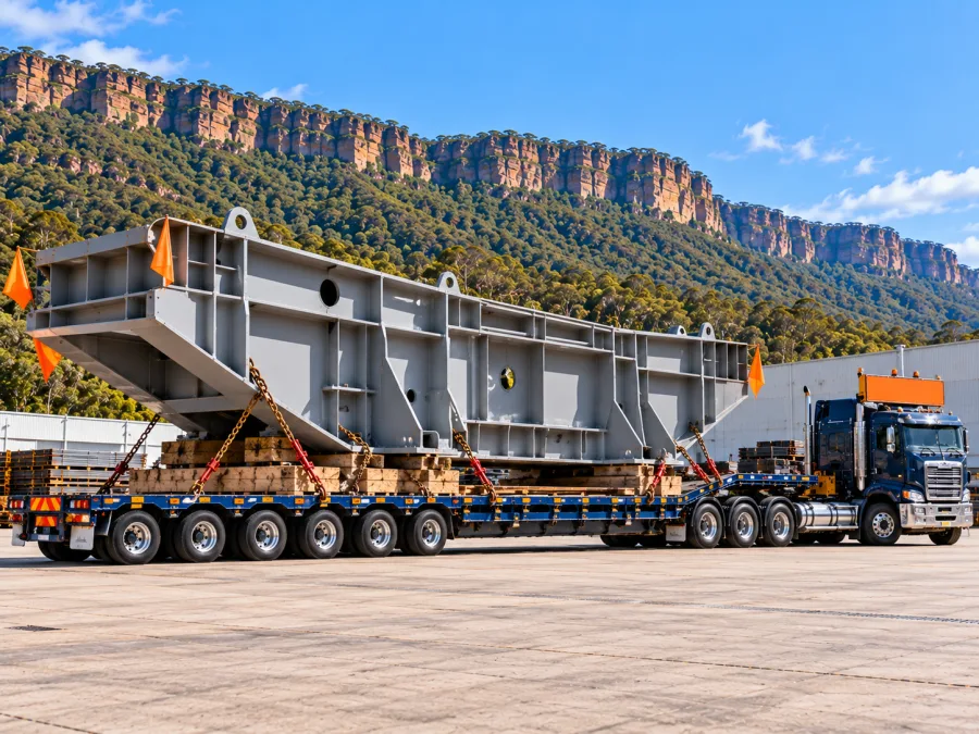 Over-dimensional steel structure on a multi-axle low-loader below the escarpment