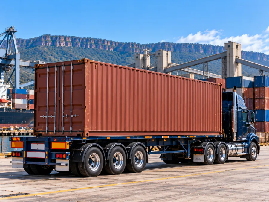 Container on a trailer at the Port Kembla hardstand for the road leg