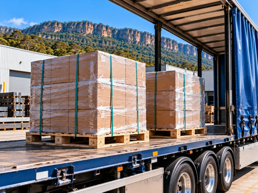Wrapped pallets on a trailer at an Unanderra industrial estate