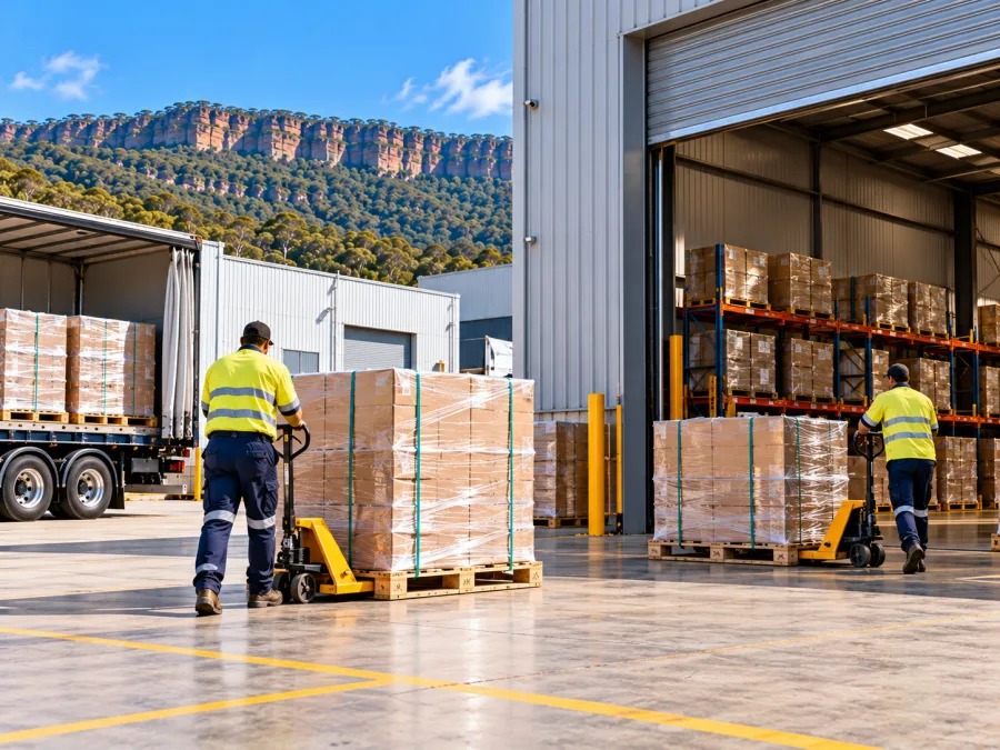 Workers moving pallets at a Wollongong distribution dock