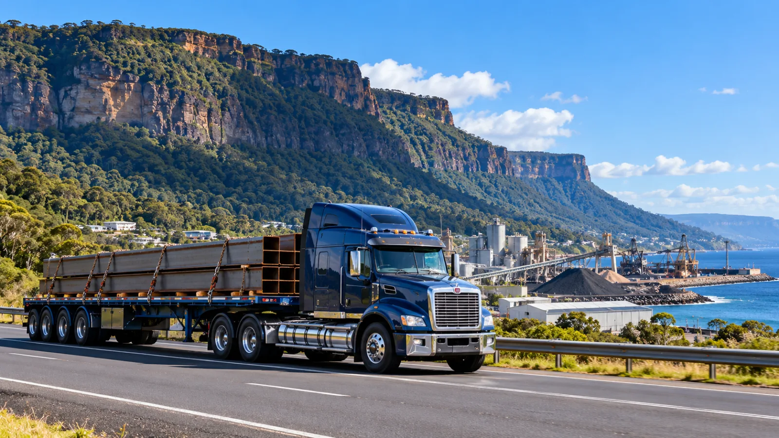 Semi-trailer with a steel load on the Illawarra coastal plain below the escarpment