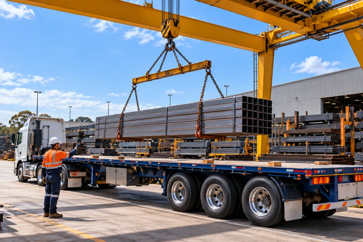 Overhead crane loading steel sections onto a trailer at a Sydney supplier
