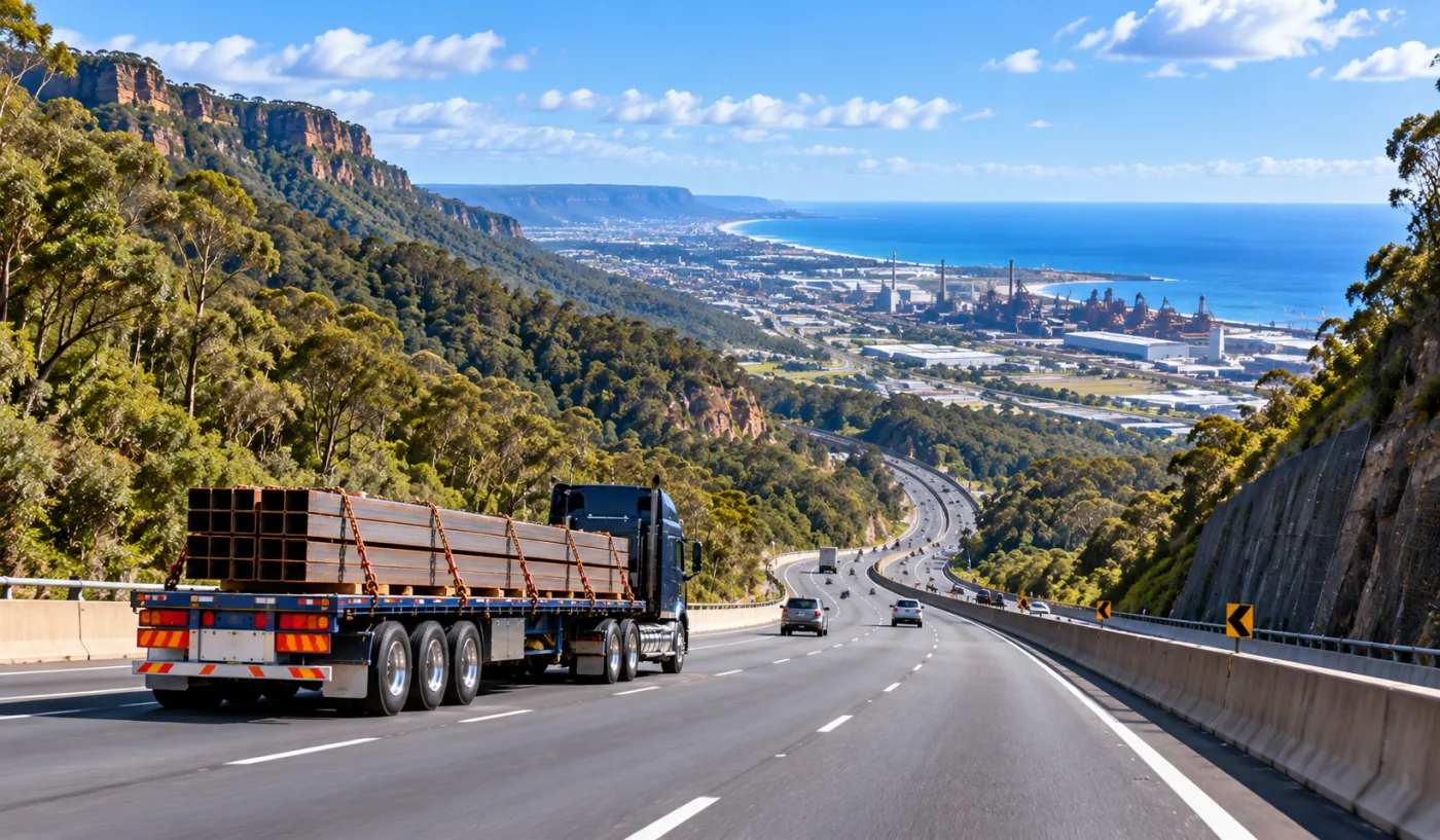 Semi-trailer descending a steep motorway off the escarpment toward the coast