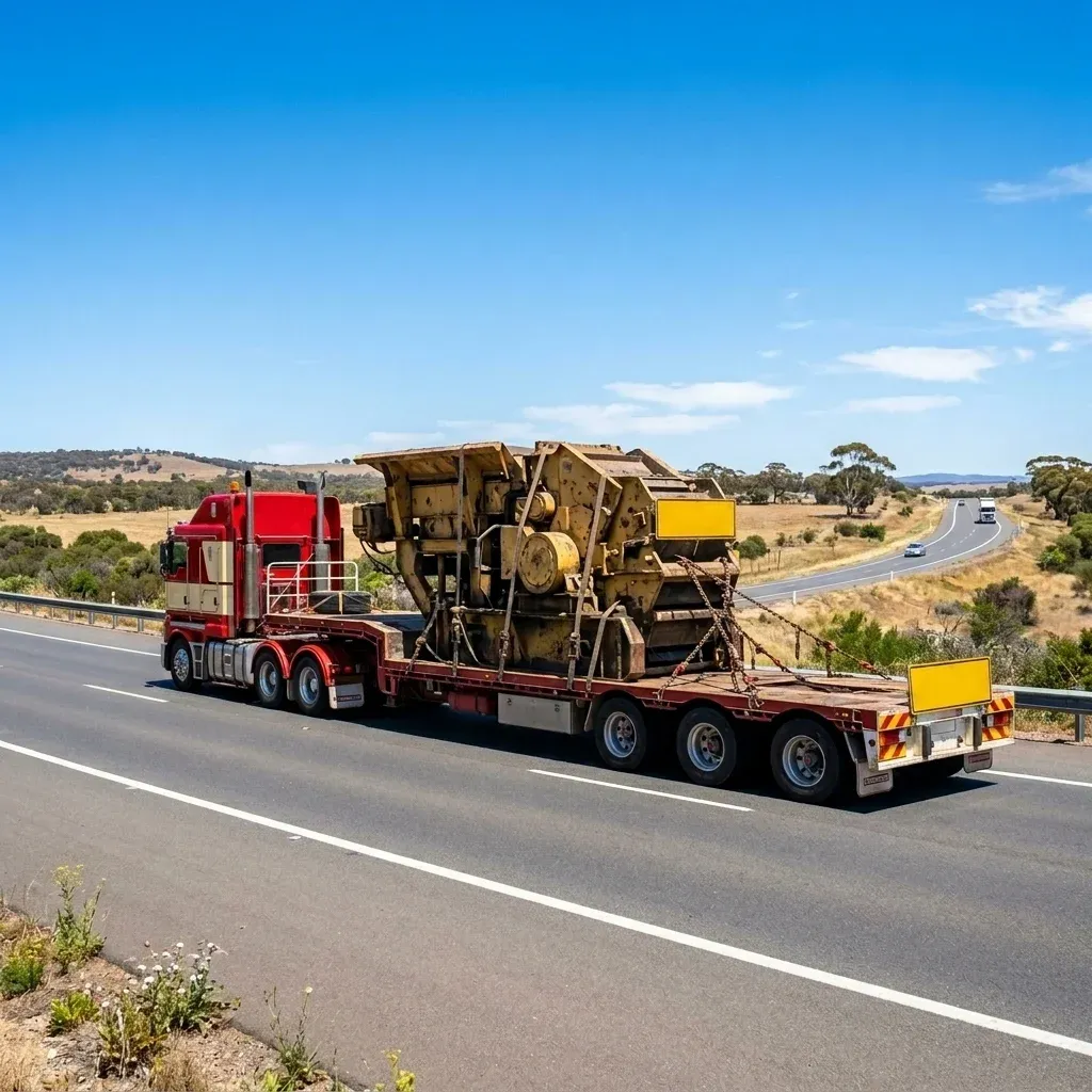 Ozcoast Logistics low-loader carrying heavy machinery on an Australian highway