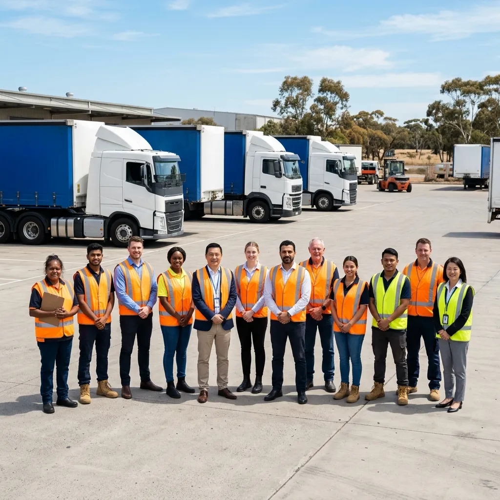 A diverse, professional team of logistics workers standing proudly in front of a modern transport fleet