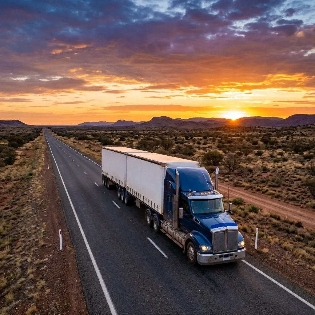 Interstate B-Double freight truck driving on outback highway at sunset